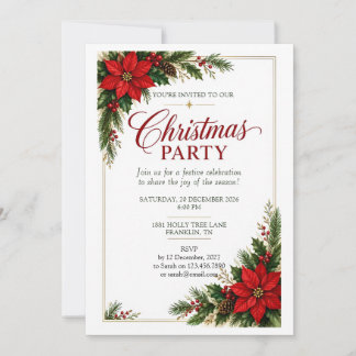 Invitation à la fête de Noël avec houx et poinsett