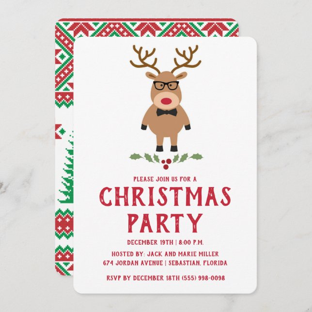 Invitation à la fête de Noël de rennes nerds (Devant / Derrière)