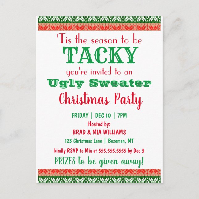 Invitation à la fête de Noël de Tacky Ugly Sweater (Devant)