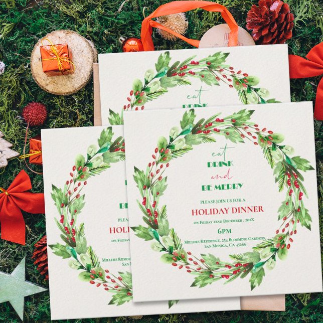 Invitation à la fête de Noël des Feuilles verts (Green Leaves Wreath Christmas Party Invitation)