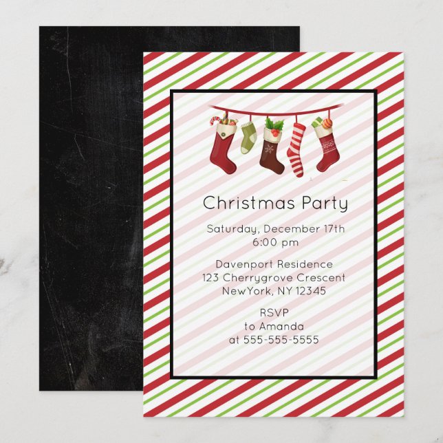 Invitation à la fête de Noël rayée rouge et verte (Devant / Derrière)