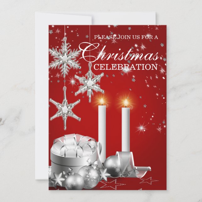Invitation à la fête de Noël rouge et argent (Devant)