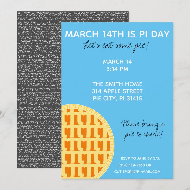Invitation à la fête de Pi Day avec Chiffres Pi su (Devant / Derrière)