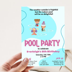 Invitation à la fête de piscine d'hiver rose et Tu