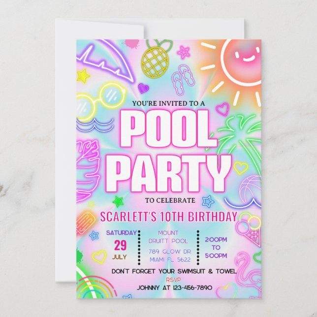 invitation à la fête de piscine, Glow neon Tropica (Devant)