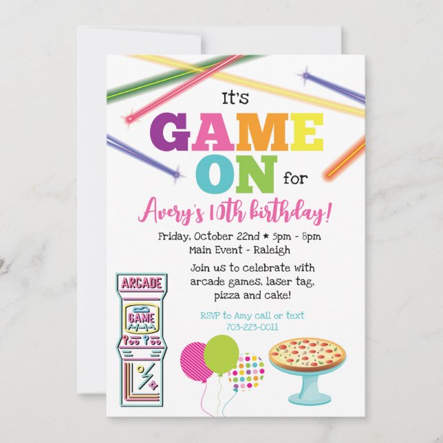 Invitation à la fête de pizza Game On Arcade (Devant)