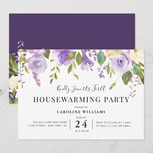 invitation à la fête de réchauffage fleuri violet (Devant / Derrière)