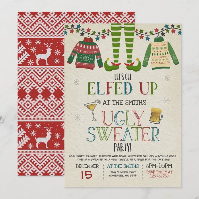 Invitation à la fête de Sweater moche Noël Elfed U (Devant / Derrière)