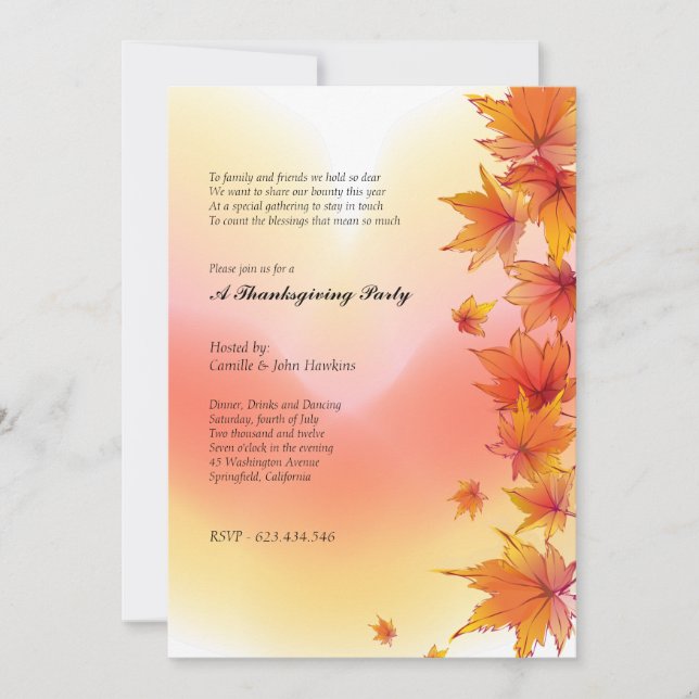 Invitation à la fête de Thanksgiving avec feuilles (Devant)