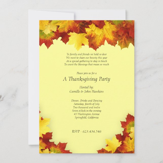 Invitation à la fête de Thanksgiving des feuilles  (Devant)