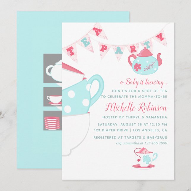 Invitation à la fête de thé pour Baby shower de fi (Devant / Derrière)