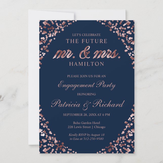 Invitation à la fête d'engagement Rose Bleu Or (Devant)