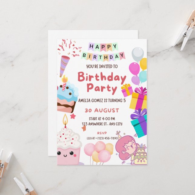 Invitation à la fête des Anniversaires de enfants  (Devant/Arrière en situation)