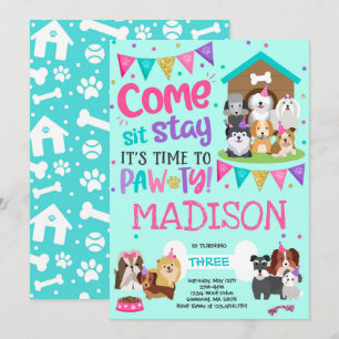 Invitation à la fête des chiots Chiens roses Anniv