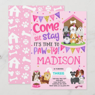 Invitation à la fête des chiots Chiens roses Anniv