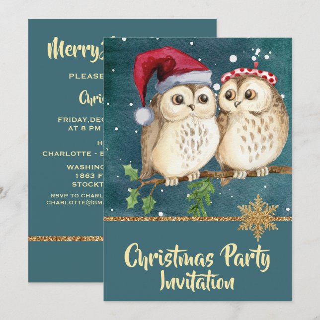 Invitation à la fête des Chouettes de Noël Turquoi (Devant / Derrière)