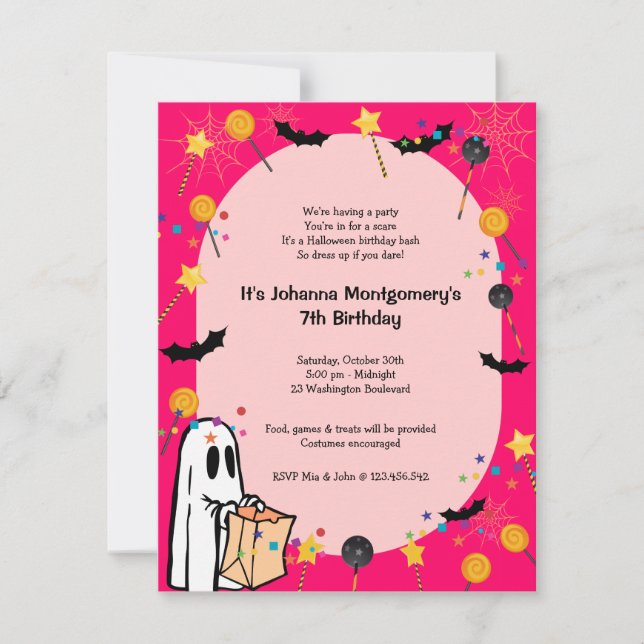 Invitation à la fête des costumes d'Halloween rose (Devant)