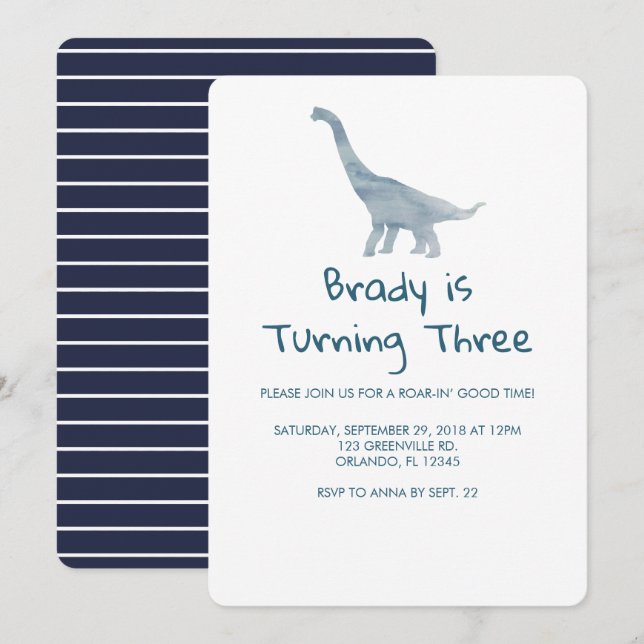 Invitation à la fête des dinosaures à rayures bleu (Devant / Derrière)