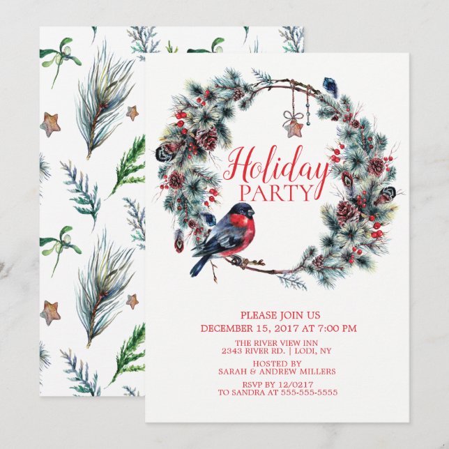 Invitation à la Fête des oiseaux de Noël Wreath (Devant / Derrière)