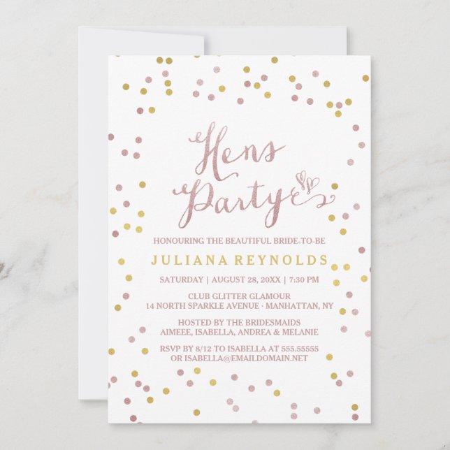 Invitation à la fête des poules en or rose et blan (Devant)