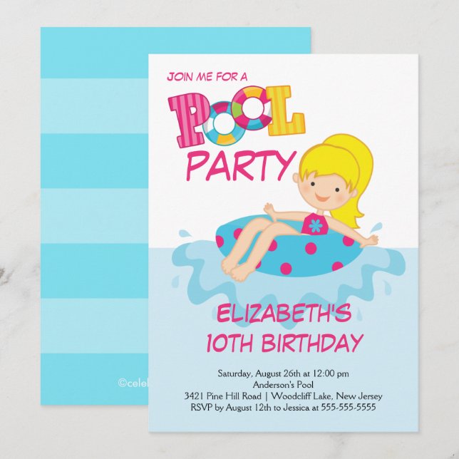Invitation à la fête d'été Blonde Girl Birthday Su (Devant / Derrière)