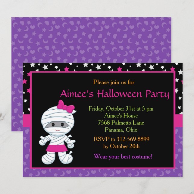 Invitation à la fête d'Halloween de la mignonne fi (Devant / Derrière)