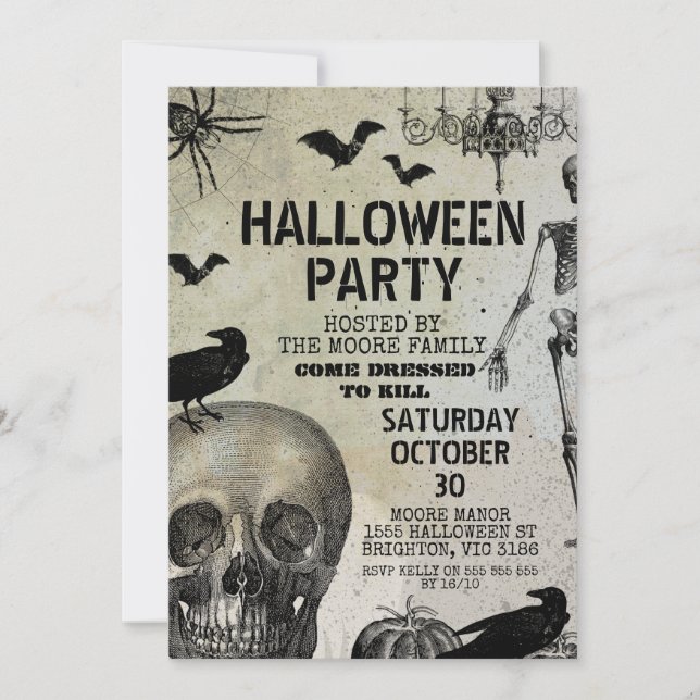 Invitation à la fête d'Halloween de Scull Crow Bat (Devant)