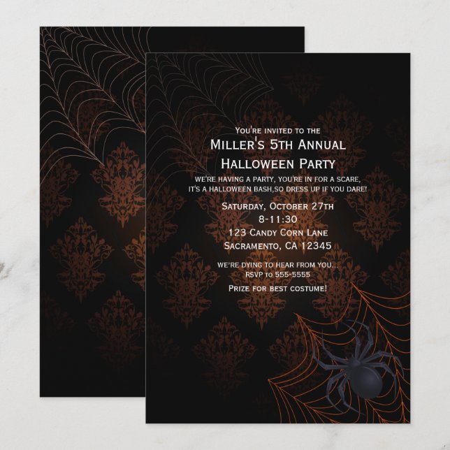 Invitation à la fête d'Halloween en damassé orange (Devant / Derrière)