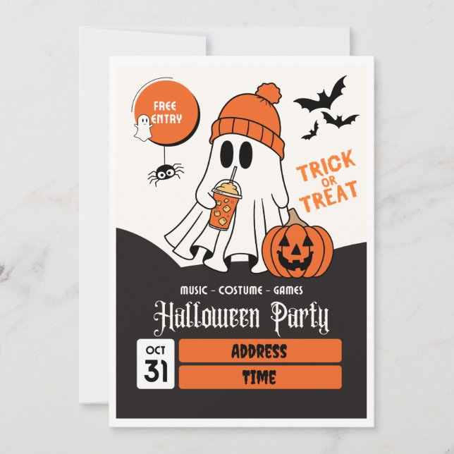 Invitation à la fête d'Halloween orange et noir (Devant)