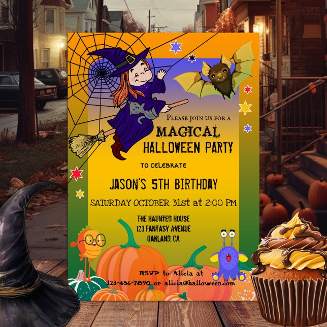 Invitation à la fête d'Halloween pour les enfants  (A magical Halloween party invitation featuring a witch with her frightened kitty flying on her broom)
