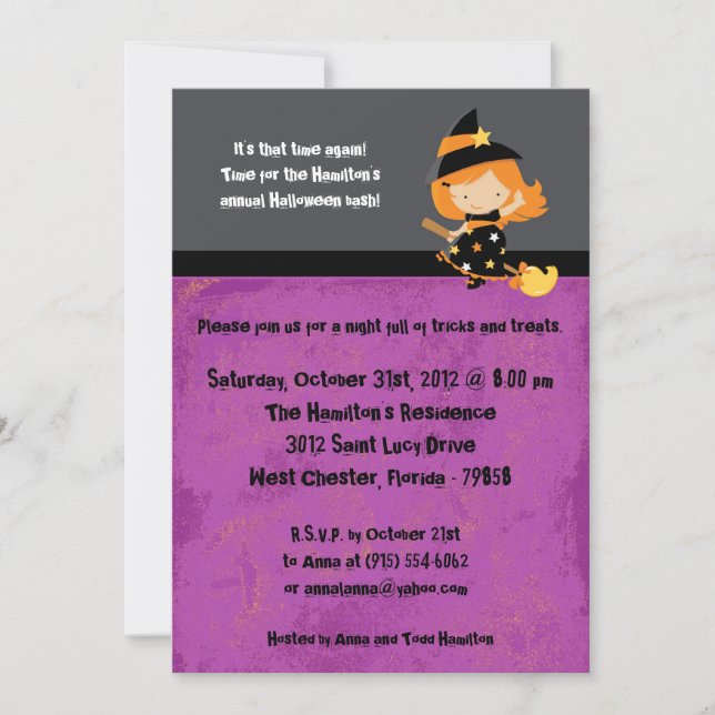 Invitation à la fête d'Halloween violet pour enfan (Devant)