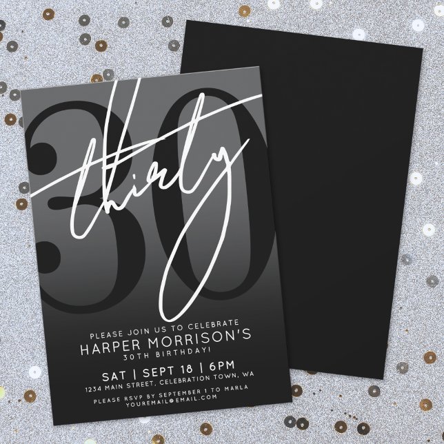Invitation à la fête du 30e anniversaire Black mod (Modern Black 30th Birthday Party Invitation)