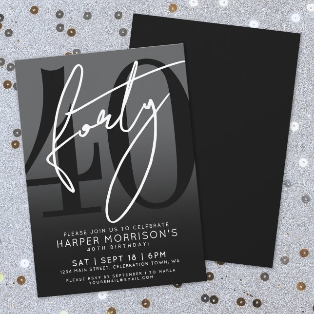 Invitation à la fête du 40e anniversaire Black mod (Modern Black 40th Birthday Party Invitation)