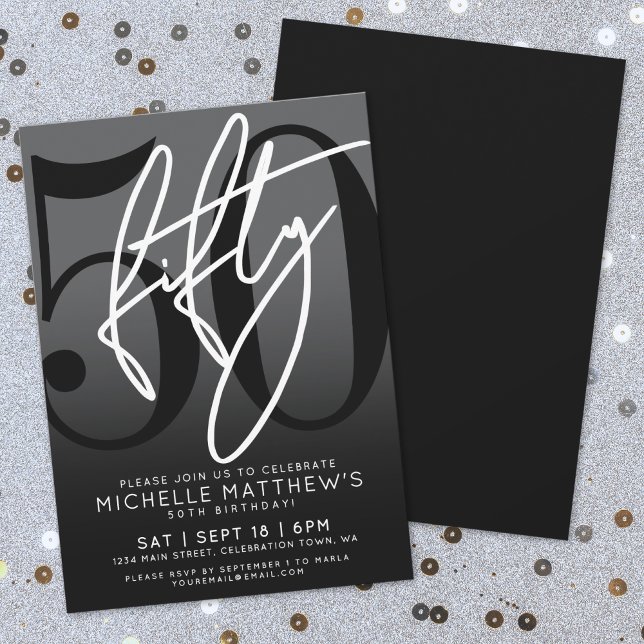 Invitation à la fête du 50e anniversaire Black mod (Modern Black 50th Birthday Party Invitation)