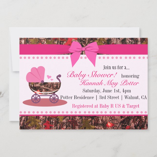 Invitation à la fête du Baby shower de Camo rose (Devant)