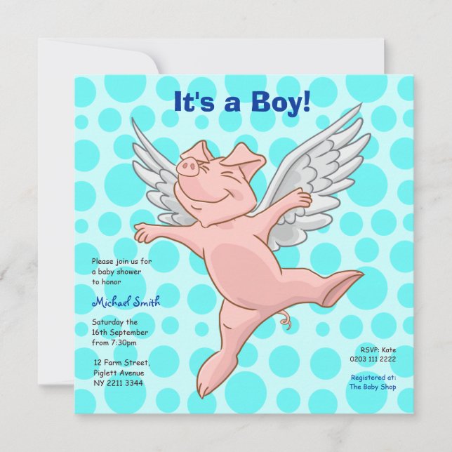 Invitation à la fête du Baby shower du cochon vola (Devant)