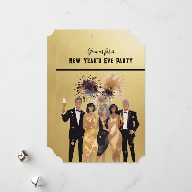 Invitation à la fête du Nouvel An noir et or (Devant/Arrière en situation)