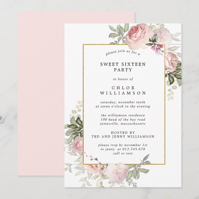 Invitation à la fête du Sweet sixteen rose pâle (Devant / Derrière)