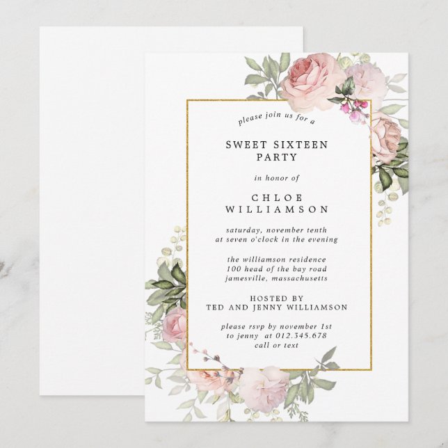 Invitation à la fête du Sweet sixteen rose pâle (Devant / Derrière)