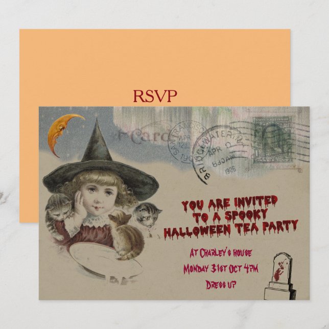 Invitation à la fête du thé d'Halloween (Devant / Derrière)