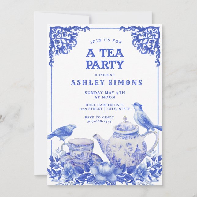 Invitation à la fête du thé floral bleu et blanc (Devant)