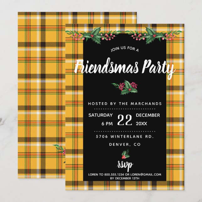 Invitation à la fête Friendsmas à carreaux jaune t (Devant / Derrière)