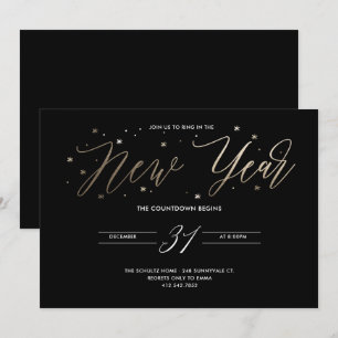 Invitation à la fête Gold Foil du Nouvel An Noir
