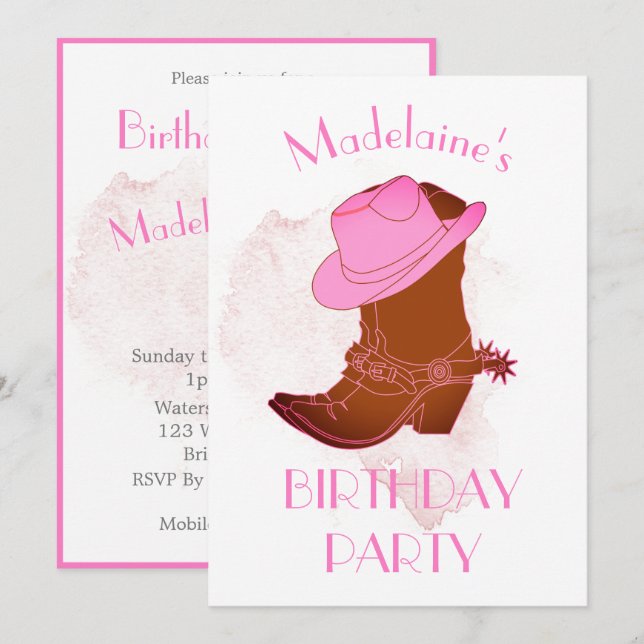 Invitation à la fête rose de Cowboy (Devant / Derrière)