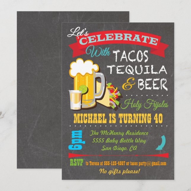 Invitation à la fête Tacos, Tequila et Beer Fiesta (Devant / Derrière)