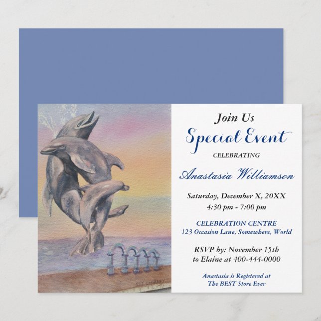 INVITATION À LA FÊTE THÈME DESTINATION DAUPHINS (Devant / Derrière)