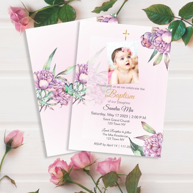 Invitation à la florale de Peony rose (Pink Peony floral Baptism Invite)