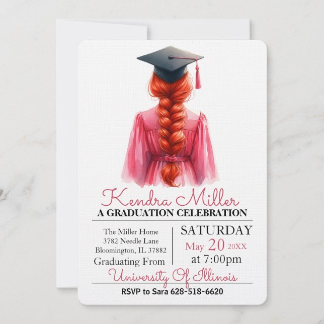 Invitation à la graduation en aquarelle rose (Devant)