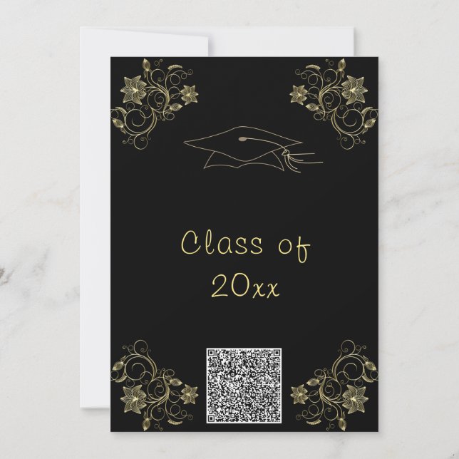 Invitation à la graduation en noir et or avec code (Dos)
