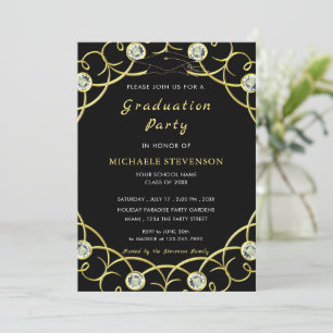 Invitation à la graduation en noir et or avec diam